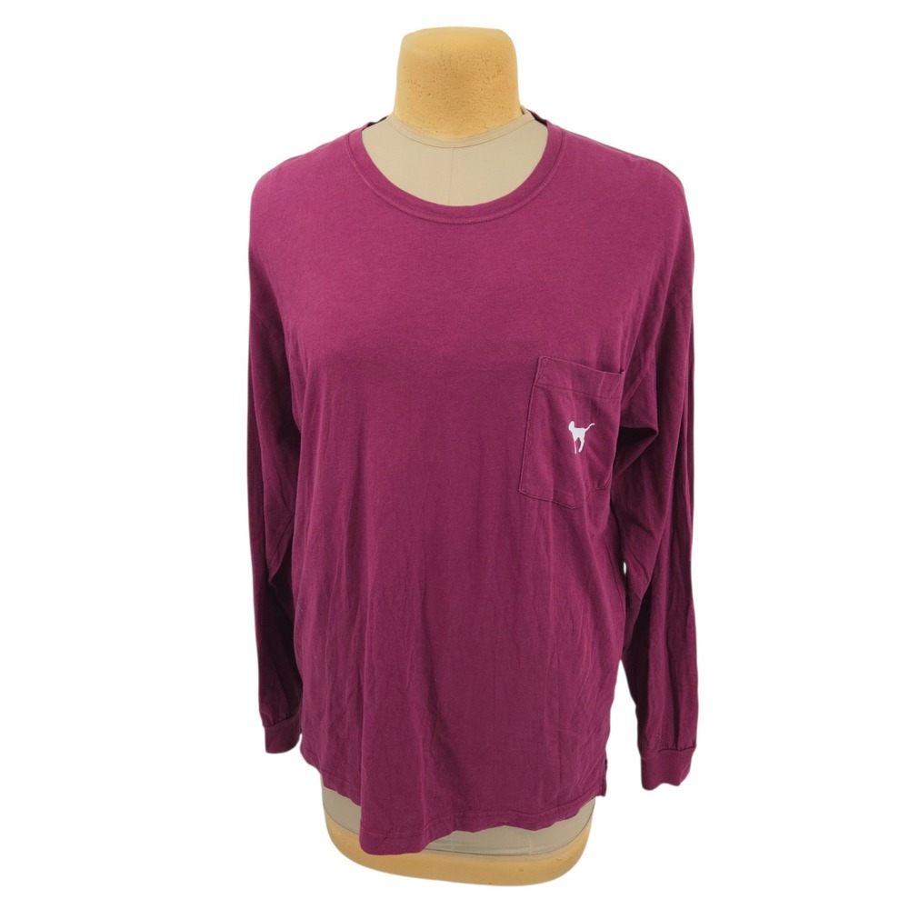 PINK Victoria's Secret Maroon Long Sleeve Pocket T-Shirt Large Dog Logo Cotton